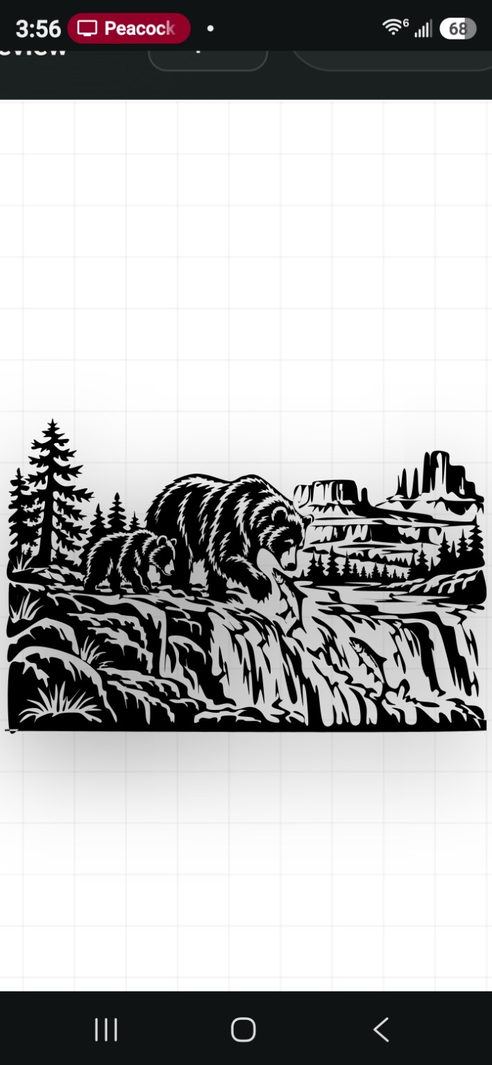 High-detail connected silhouette of a bear and cub gathering fish beside a waterfall, with pine trees and mountain mesas