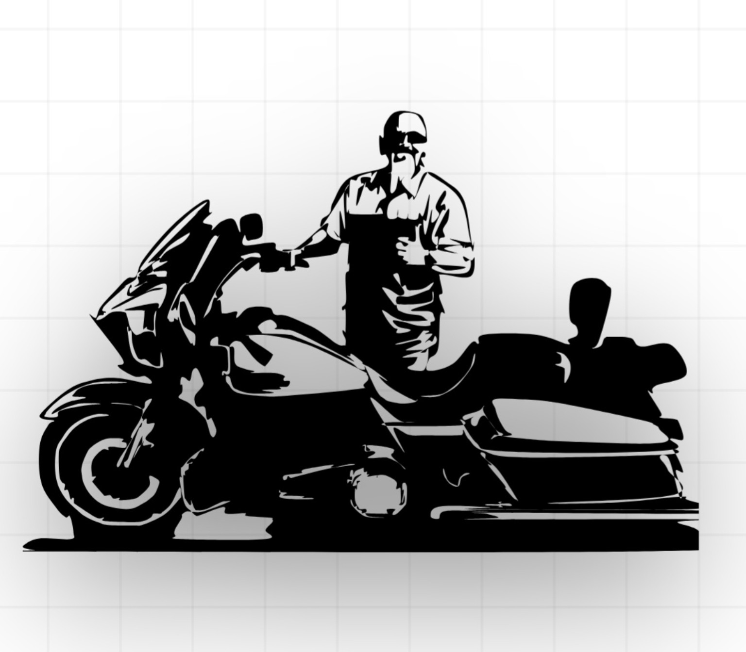 Connected black silhouette of the rider and touring motorcycle